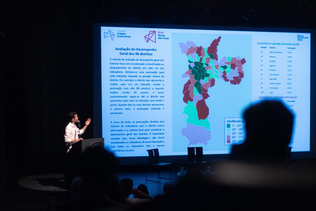 Igor Pantoja apresenta o ranking do Mapa da Desigualdade. São Paulo, 2022. Crédito: Fernando Martins